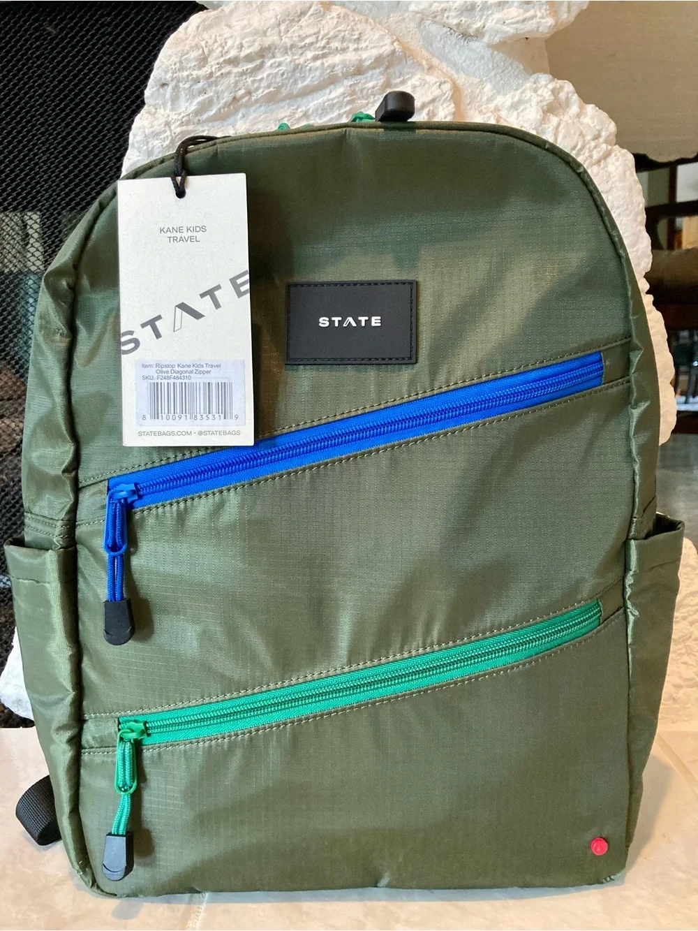 NWT STATE Dark Green Backpack with Blue & Green Zippers and Pink Loop